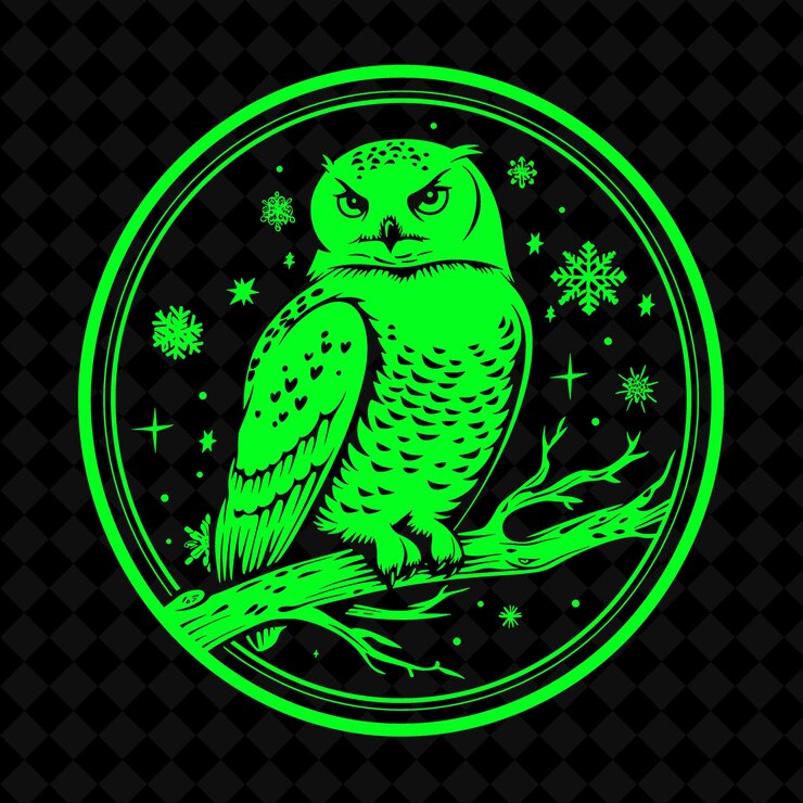 PSD un búho verde con un fondo verde con copos de nieve y estrellas