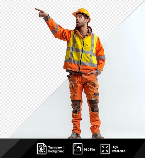 PSD builder young man constructiuniform and safety helmet looking aside surprised pointing with index finger something standing on isolated background png psd