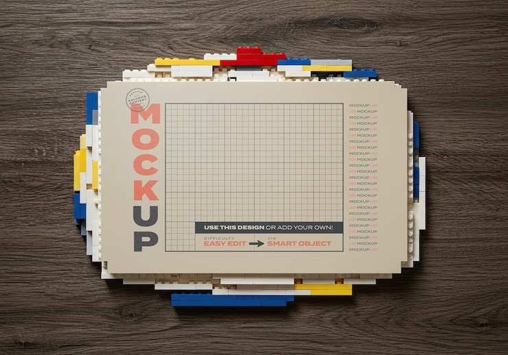 PSD building bricks horizontal frame poster image mockup on floor