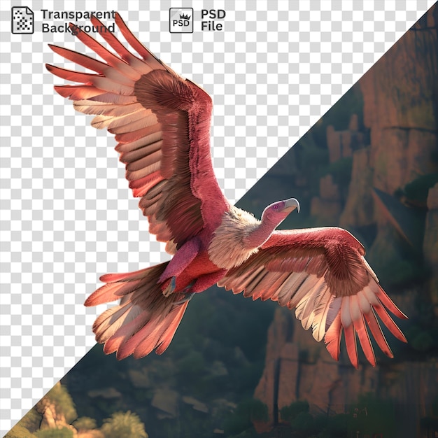 PSD el buitre de dibujos animados en 3d se eleva sobre un acantilado rocoso mostrando sus vibrantes alas y cola rojas con un telón de fondo de árboles verdes exuberantes