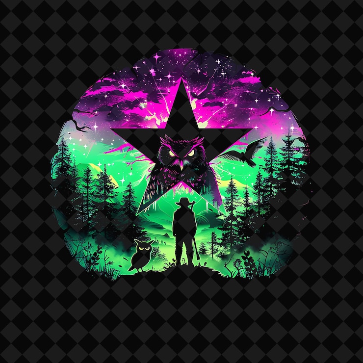 PSD buka lanskap mempesona malam fantasi dengan desain seni hutan neon y2k dan ilustrasi hewan
