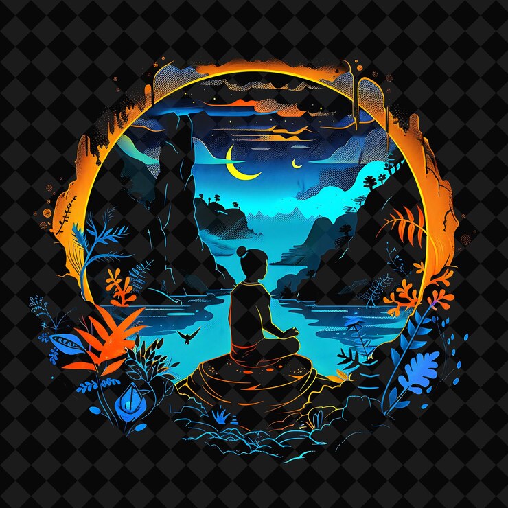 PSD buka lanskap mempesona malam fantasi dengan desain seni hutan neon y2k dan ilustrasi hewan