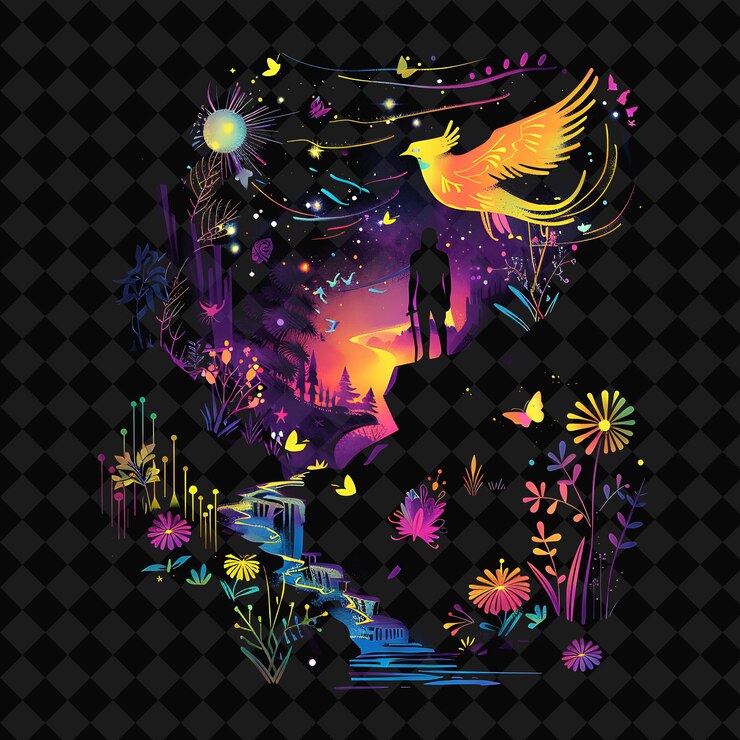 PSD buka lanskap mempesona malam fantasi dengan desain seni hutan neon y2k dan ilustrasi hewan