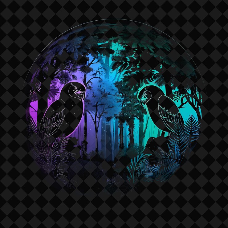 PSD buka lanskap mempesona malam fantasi dengan desain seni hutan neon y2k dan ilustrasi hewan