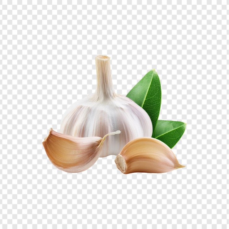 PSD bulbe d'ail avec des clous de girofle et des feuilles vertes