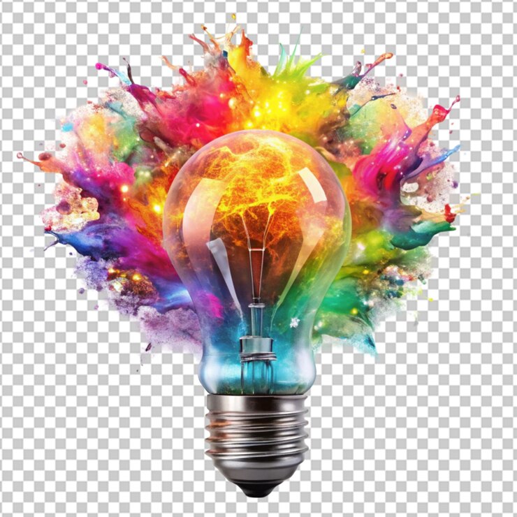 PSD bulbo de luz dinámico estallando con salpicaduras de pintura de colores