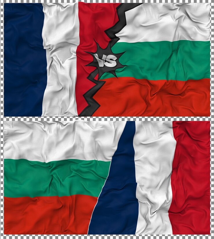 PSD bulgaria contra francia media bandera combinada con textura 3d de la tela