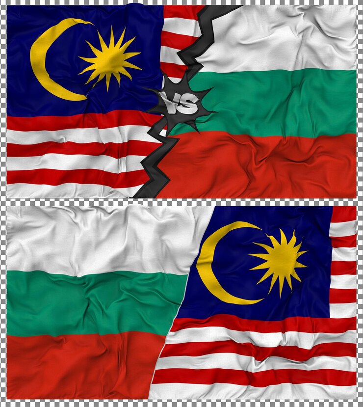 PSD bulgaria vs malaysia half combined flag cloth bump texture 3d rendering