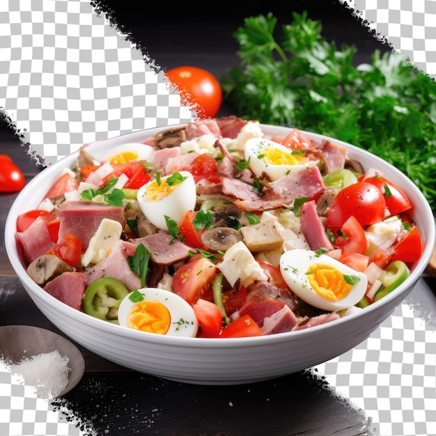 PSD bulgarischer hirtensalat, ein traditionelles gericht mit frischem gemüse, schinken, käse und eiern, repräsentiert die bulgarische küche und die balkankultur auf transparentem hintergrund