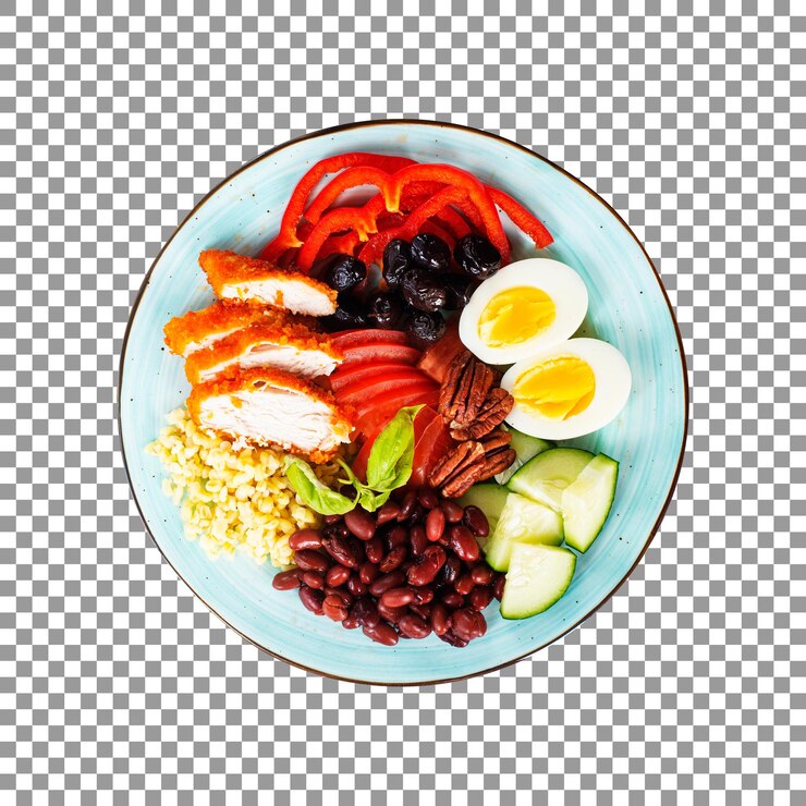 PSD bulgur di pollo con insalata di verdure isolato su sfondo trasparente