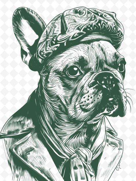 PSD bulldog français avec un béret et une baguette à l'air chic et des animaux sketch art vector collections