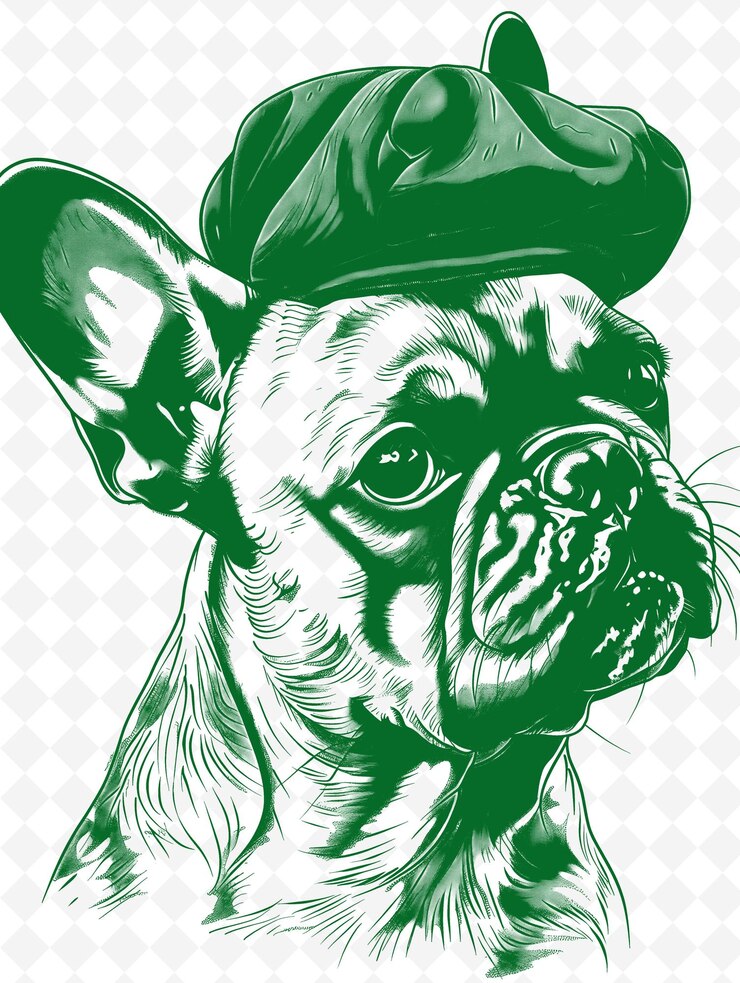 PSD bulldog francês com uma boina e uma baguete parecendo chique e animais sketch art vector collections