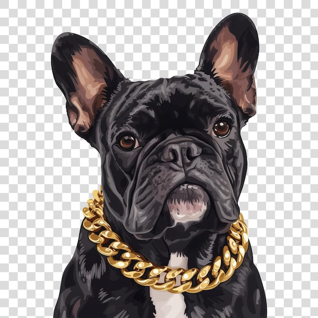 Bulldog francés con grueso collar de perro de cadena de oro en arte vectorial aislado en fondo transparente