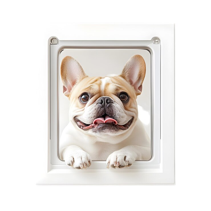 PSD bulldog francés en la puerta de mascotas