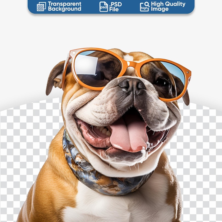 PSD bulldog inglés un perro feliz con gafas de sol está listo para la playa de verano una vista de cerca