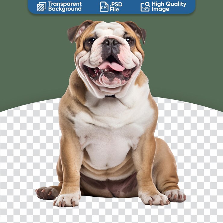 PSD bulldog inglés sentado un perro lindo y feliz en una foto de cuerpo completo