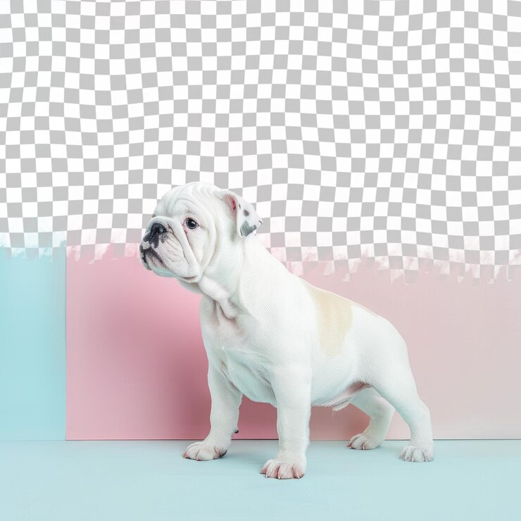 PSD un bulldog se sienta en una pared rosa y azul con una pared rosada detrás de él