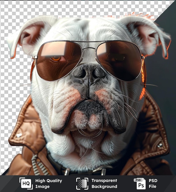 PSD bulldog usando uma jaqueta preta e preta e um casaco preto e preto.