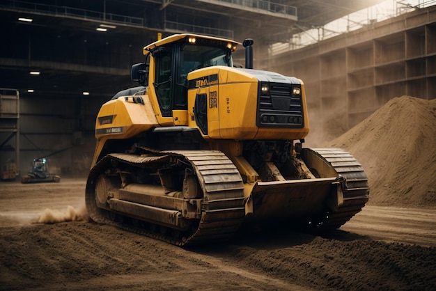 Bulldozer amarelo contra um canteiro de obras e equipamentos de construção em movimento