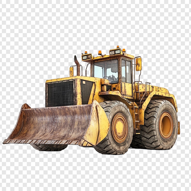 PSD bulldozer giallo con pneumatici arrugginiti e usurati