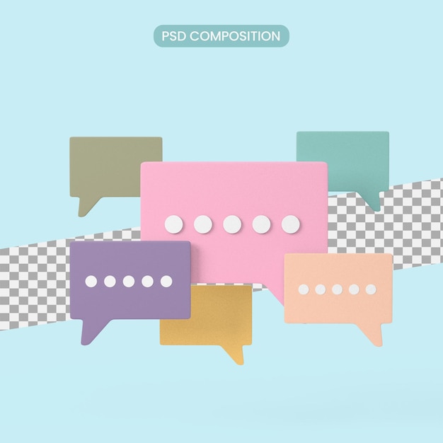 Bulles de parole 3D pour le remplacement de texte, chat ou boîte de message, concept de chat sur les réseaux sociaux.