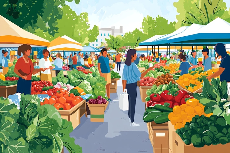 PSD un bullicioso mercado de agricultores al aire libre con diversos compradores que compran productos frescos