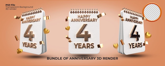 Bundle di rendering 3D numero di compleanno di 4 anni anniversario, stile oro, festa dell'età, stile di lusso