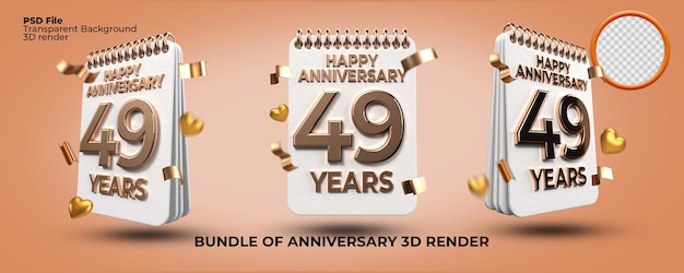 Bundle di rendering 3D numero di compleanno di 49 anni anniversario, stile oro, celebrazione dell'età, stile di lusso