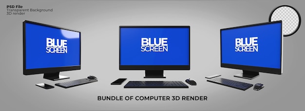 Bundle of 3D render desktop pc monitor Blue Screen