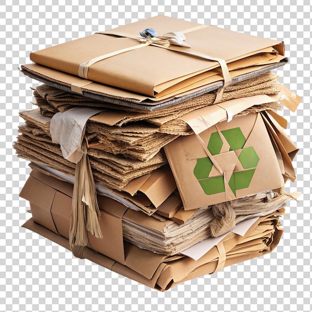 Bundle de residuos de cartón para reciclaje aislado sobre un fondo transparente