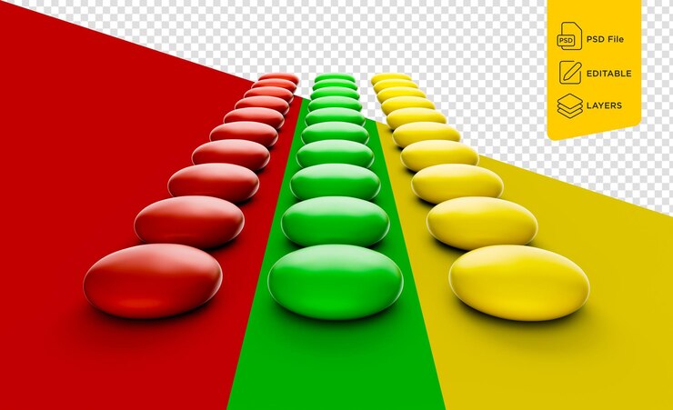 PSD bunte, köstliche schokoladenbonbons oder knöpfe, die in mehreren reihen liegen und ein ampelkonzept bilden, isoliert auf einem bunten hintergrund, 3d-illustration