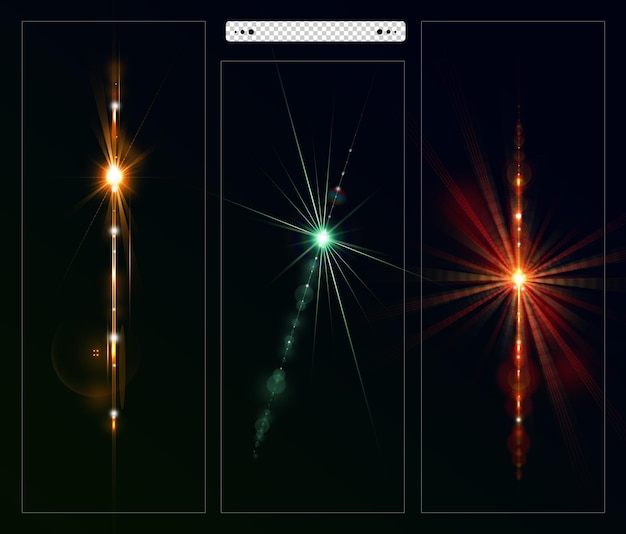 Bunte lens flare sammlung und beleuchtung lens flare im dunklen hintergrund