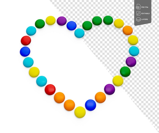 Bunte, mit Schokolade überzogene Bohnen mit Schokoladenknopf, herzförmig auf weißem Hintergrund, 3D-Illustration