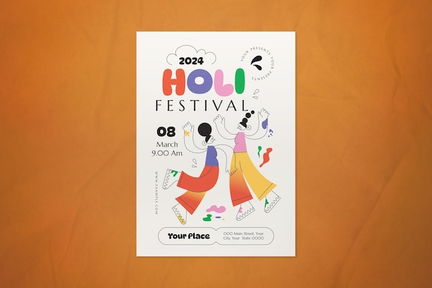 PSD bunte moderne handgezeichnete holi-festival-flyer
