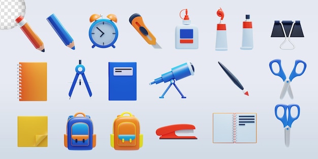 Bunte schreibwaren 3d-icons illustrationssatz