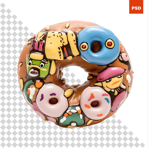 PSD bunter donut mit lustigen gesichtern isoliert auf weißem hintergrund