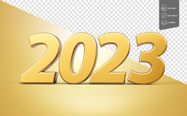 Buon anno 2023 Metallo d'oro isolato su sfondo d'oro Illustrazione 3d