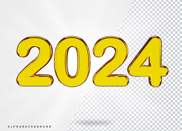 Buon anno 2024 Colore dorato 3d renderizzato Numeri PNG e PSD sfondo trasparente di alta qualità