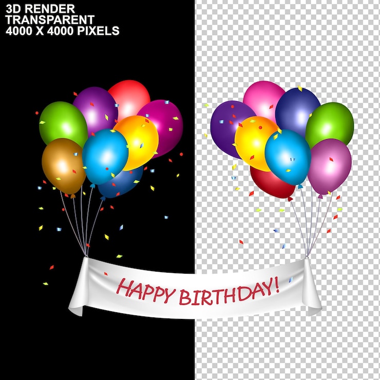 PSD buon compleanno, torta di compleanno, tappo di cono, palloncini di compleanno, testo di compleanno.