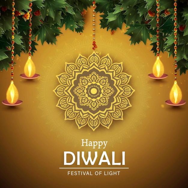 Buon Deepavali con decorazione di luci su sfondo dorato