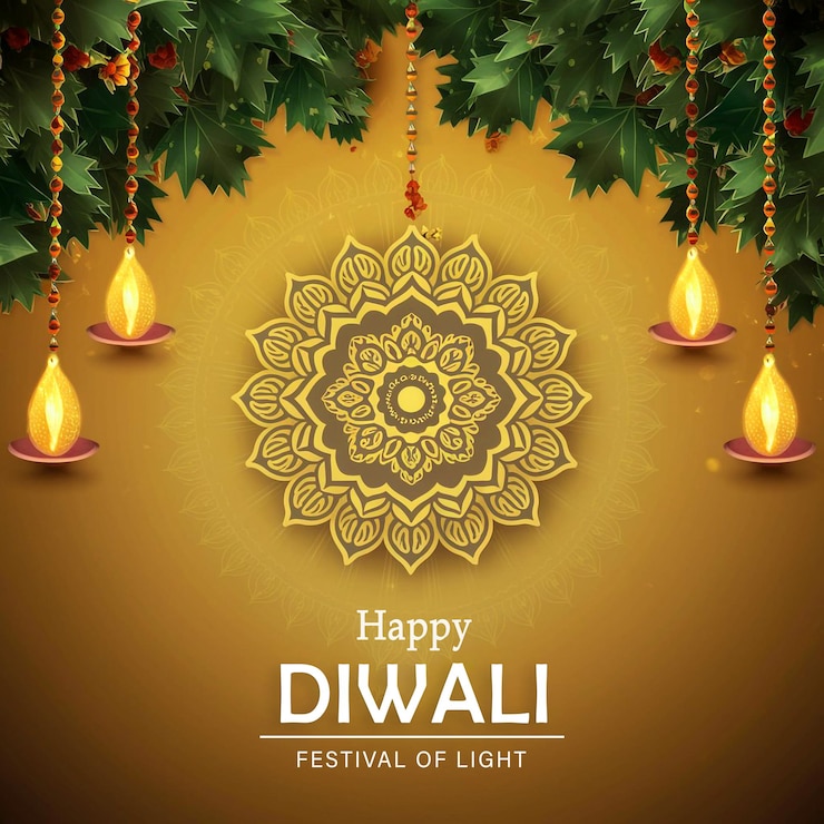 PSD buon deepavali con decorazione di luci su sfondo dorato