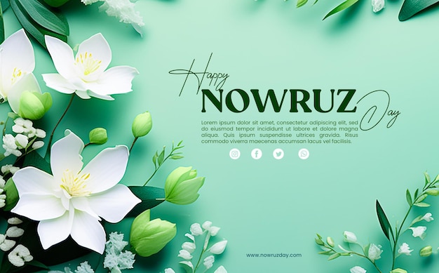Buon giorno di Nowruz con uno sfondo floreale verde primaverile.