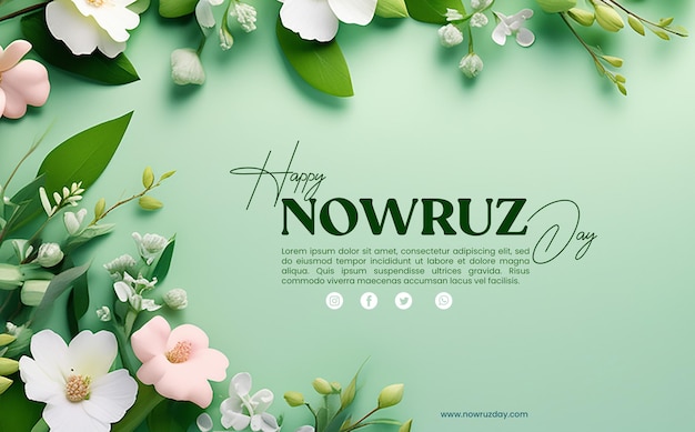 Buon giorno di Nowruz con uno sfondo floreale verde primaverile.