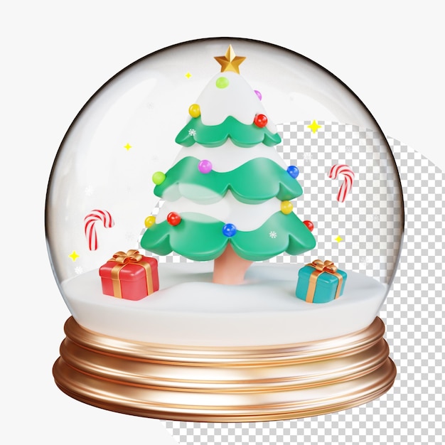 Buon Natale e Buon Anno Albero di Natale in cupola di vetro con scatola regalo di palle caramelle canna da zucchero Disegno 3d realistico di oggetti per cartoline di festa banner poster web annunci 3D Rendering