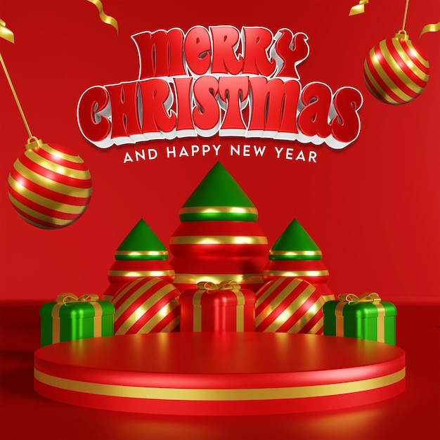 Buon natale e felice anno nuovo post sui social media con ornamenti 3d