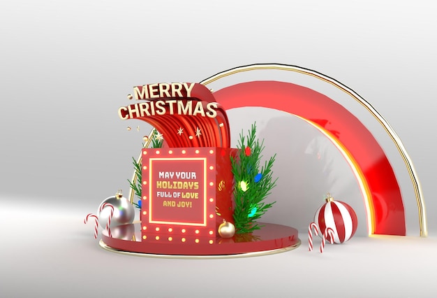 Buon Natale podio dei social media con confezione regalo per la promozione e il modello di evento festivo 3d render