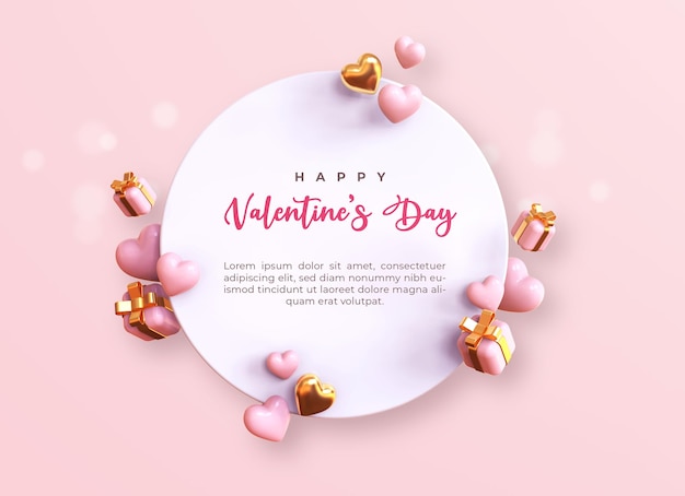 Buon San Valentino con cuori 3d, confezione regalo e romantiche decorazioni di San Valentino