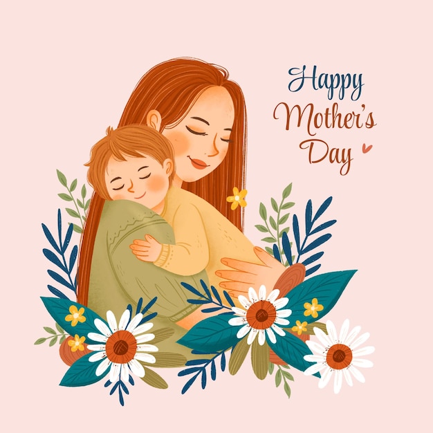 Buona festa della mamma con l'illustrazione del bambino dell'abbraccio della mamma