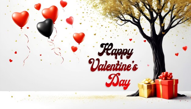 Buona San Valentino banner modello scatola regalo con l'albero e volare palloncino d'amore