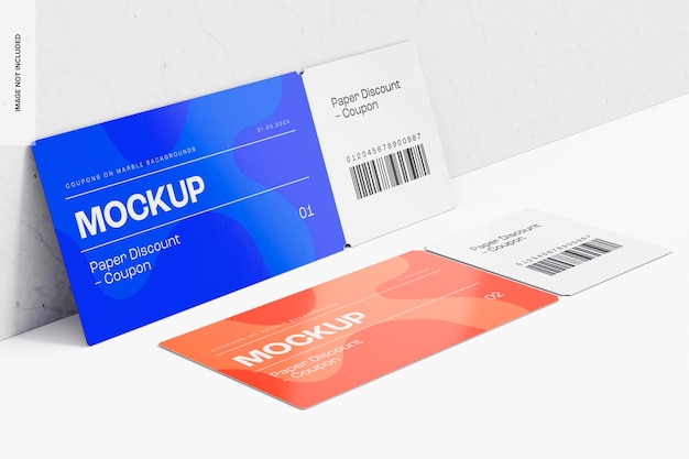 Buoni sconto cartacei Mockup, vista a sinistra